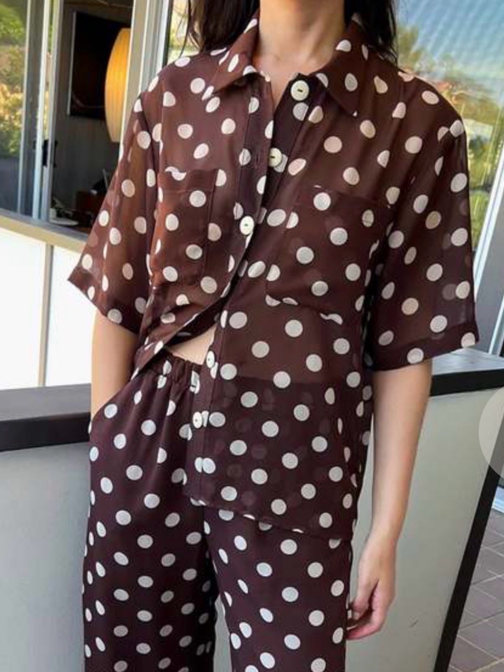 Lisa Says Gah Size L • Brown Polka Dot Sheer Short Sleeve Blouse Top.